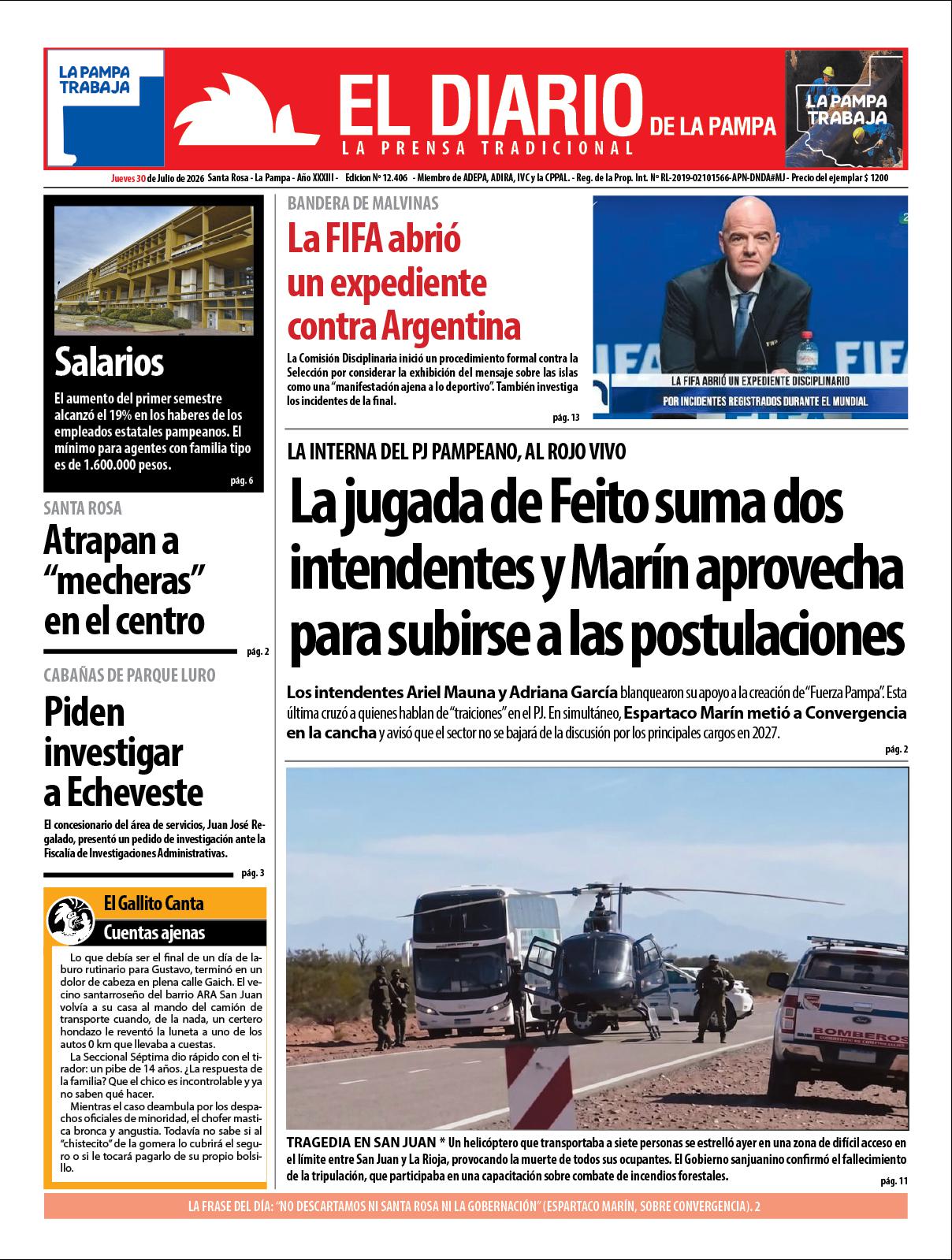 Tapa de El Diario en papel  jueves 30 de julio de 2026